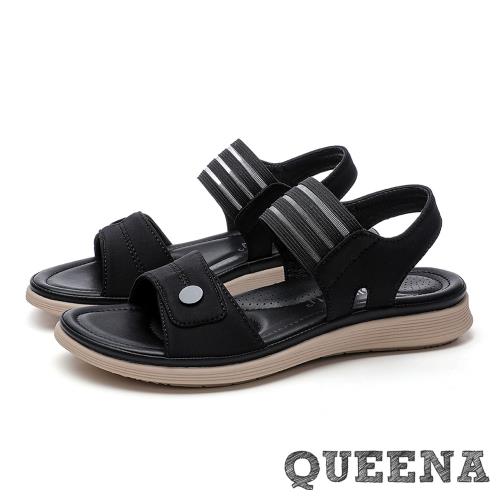 【QUEENA】一字涼鞋平底涼鞋/時尚一字透明彈力織帶造型舒適平底涼鞋 黑