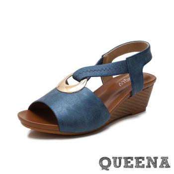 【QUEENA】 坡跟涼鞋羅馬涼鞋/復古典雅金屬圓釦造型坡跟羅馬涼鞋 藍