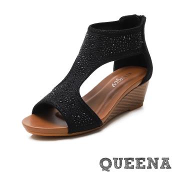 【QUEENA】 鑽飾涼鞋坡跟涼鞋/華麗燙鑽時尚經典波希米亞風坡跟涼鞋黑