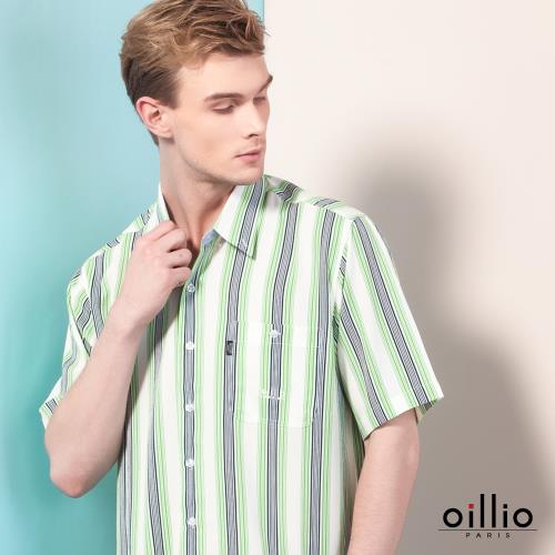 oillio歐洲貴族 男裝 短袖超柔襯衫 超輕量穿著 直條紋款 紳士口袋 綠色