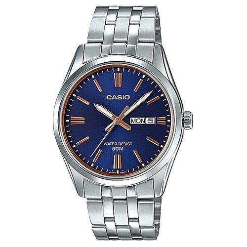 【CASIO 卡西歐】時尚石英男錶 不鏽鋼錶帶 藍x玫瑰金 防水50米(MTP-1335D-2A2)