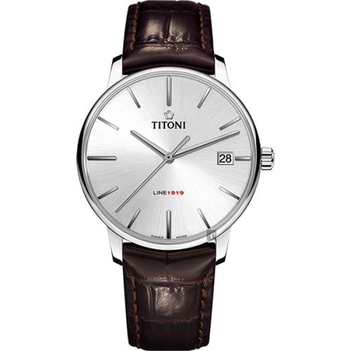 TITONI 梅花錶 LINE1919 百年紀念 T10 機械錶-銀x咖啡色錶帶/40mm(83919 S-ST-575)
