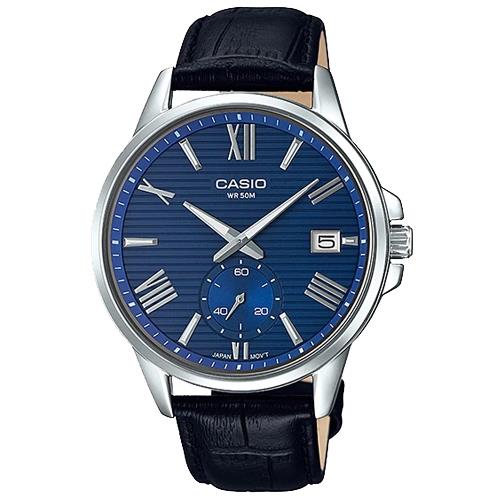 【CASIO 卡西歐】時尚雙眼男錶 皮革錶帶 藍 防水50米 礦物玻璃鏡面(MTP-EX100L-2A)