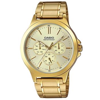 【CASIO 卡西歐】型男必備 三眼男錶 不鏽鋼錶帶 金離子鍍金帶 生活防水 礦物玻璃(MTP-V300G-9A)