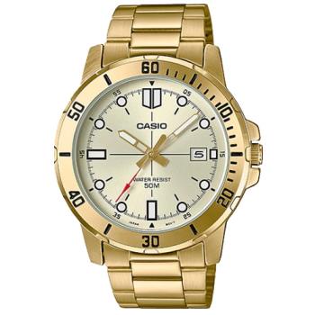 【CASIO 卡西歐】金屬指標錶 50米防水 日期顯示 不鏽鋼錶帶(MTP-VD01G-9E)