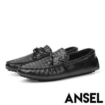 【Ansel】 真皮紳士鞋牛皮紳士鞋/全真皮頭層牛皮交錯編織繫帶造型豆豆紳士鞋 -男鞋 黑
