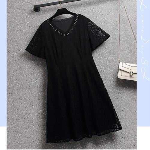 麗質達人 - 12176黑色蕾絲短袖洋裝