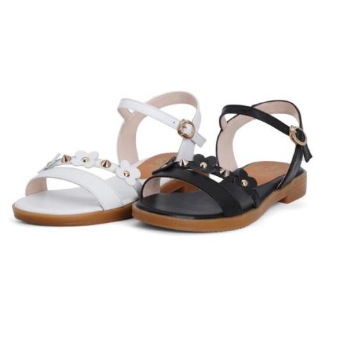 【Sp house】甜美女孩全真牛皮鉚釘一字扣低跟涼鞋(2色可選)