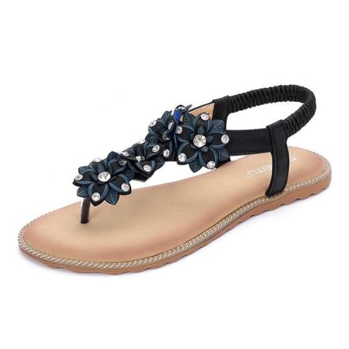【Taroko】夏季波希米亞風花朵水鑽夾腳鬆緊帶涼鞋(2色可選)