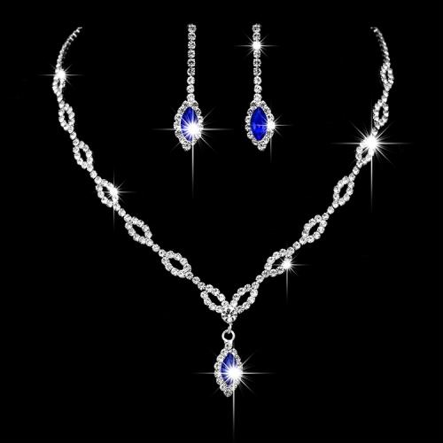 【ANGEL】美麗雨露水晶寶藍寶石奢華耳環項鍊組(藍色)
