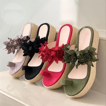 【Taroko】熱情薔薇夏季套腳麻繩厚底涼拖鞋(4色可選)