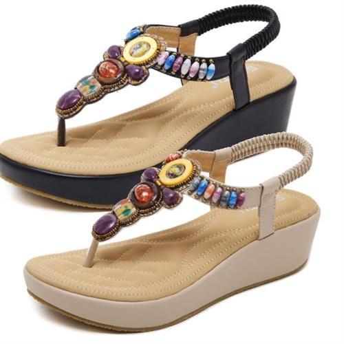 【Taroko】七彩寶石波西米亞串珠夏季坡跟夾腳涼拖鞋(2色可選)