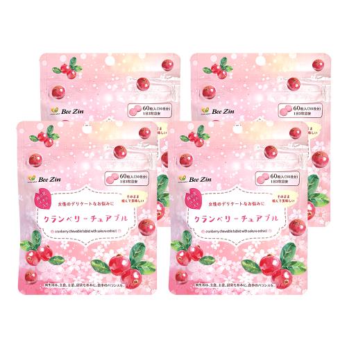 【BeeZin康萃】日本原裝進口蔓越莓+櫻花萃取口含錠x4 (500毫克/錠 ; 60錠/袋)