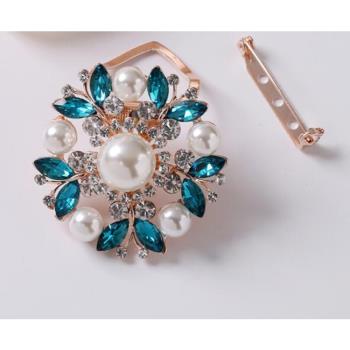 【Jpqueen】時尚花卉珍珠鋯石衣腳扣2用胸針別針(藍色)