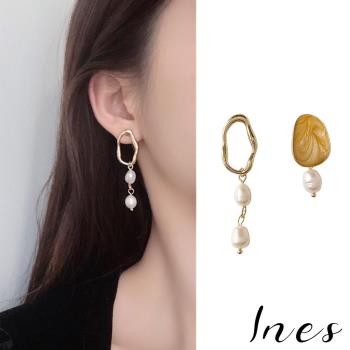 【INES】韓國設計S925銀針不規則金屬滴釉造型珍珠耳環 (2色任選)