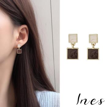 【INES】韓國設計S925銀針優雅撞色幾何方型滴釉復古耳環 (2色任選)