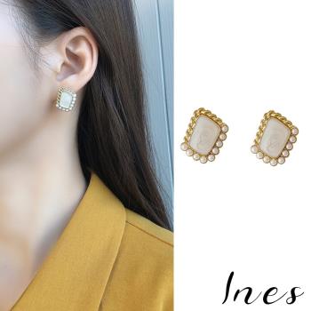 【INES】韓國設計S925銀針法式優雅幾何方型滴釉寶石珍珠耳環