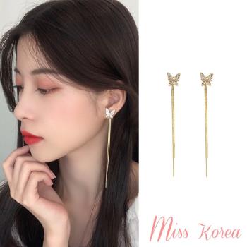 【MISS KOREA】韓國設計S925銀針唯美滿鑽蝴蝶長流蘇造型耳環
