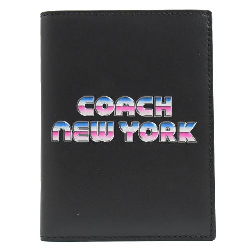 COACH C3750 立體燙印LOGO 牛皮對折護照夾.黑