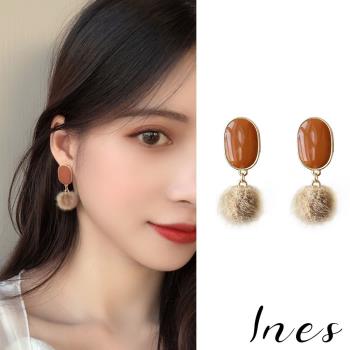 【INES】韓國設計S925銀針法式復古簡約氣質滴釉小毛球造型耳環 (2色任選)
