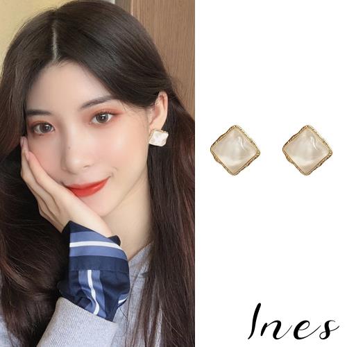 【INES】韓國設計S925銀針幾何方形鈕扣寶石造型耳環