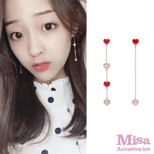 【MISA】韓國設計不對稱甜美愛心鍊條長款耳環