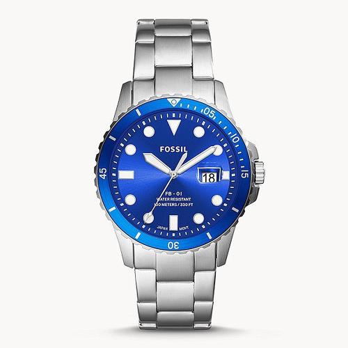 FOSSIL 三針日期不銹鋼腕錶-藍水鬼42mm(FS5669)