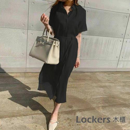 【Lockers 木櫃】韓版棉麻寬鬆長洋裝(附綁帶)-3色 L110007072