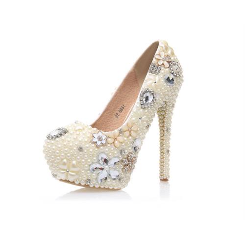 【JP Queen New York】宴會婚禮奢華手工水晶珍珠高跟鞋(白色)