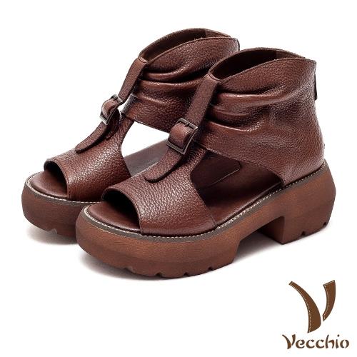 【Vecchio】真皮涼鞋粗跟涼鞋/全真皮頭層牛皮復古皮帶釦飾厚底粗跟羅馬涼鞋 棕