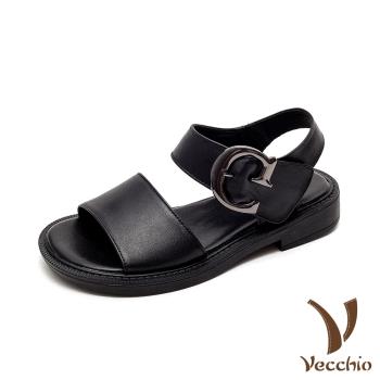 【Vecchio】真皮涼鞋低跟涼鞋/全真皮頭層牛皮經典復古百搭低跟涼鞋 黑