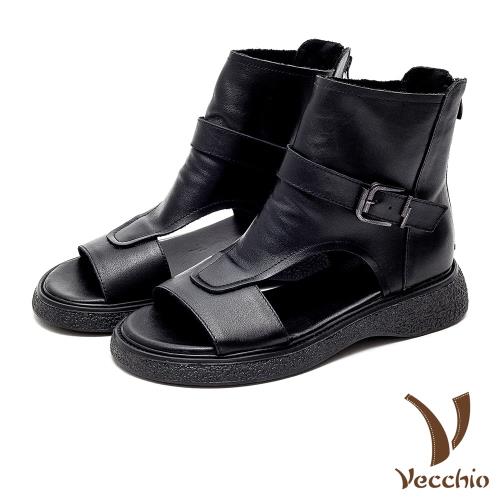 【Vecchio】真皮涼鞋平底涼鞋全真皮頭層牛皮復古縷空擦色平底造型羅馬涼鞋 黑