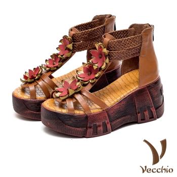 【Vecchio】真皮涼鞋厚底涼鞋/全真皮頭層牛皮撞色花朵民族風鬆糕厚底羅馬涼鞋 棕