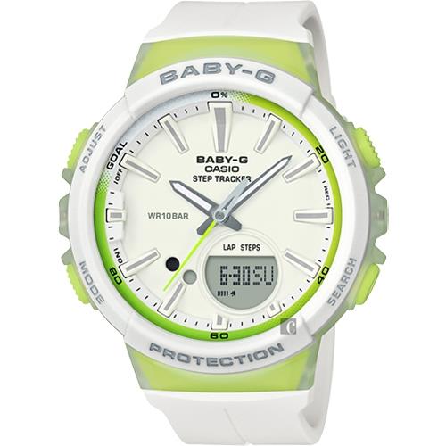 CASIO 卡西歐 Baby-G 慢跑計步手錶-白x檸檬綠(BGS-100-7A2)