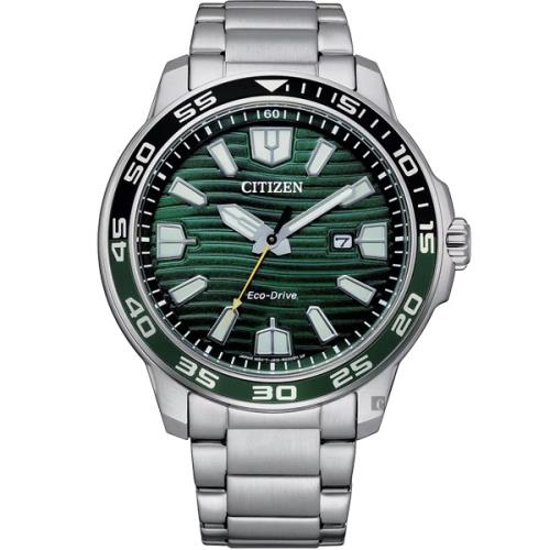 CITIZEN 星辰 光動能紳士手錶-銀x綠(AW1526-89X)