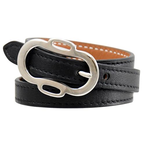 HERMES Boucleries Triple Tour 簡約雙面皮手環.黑/銀