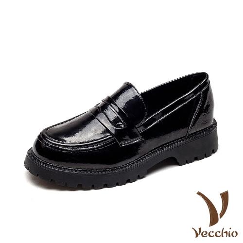 【Vecchio】厚底樂福鞋粗跟樂福鞋 /全真皮牛漆皮舒適寬楦復古粗跟厚底樂福鞋 黑