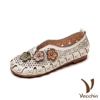 【Vecchio】真皮樂福鞋低跟樂福鞋 /全真皮頭層牛皮縷空花朵典雅V口設計款低跟休閒鞋 白