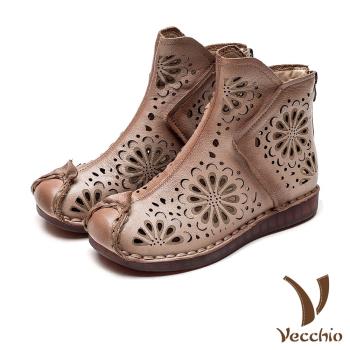 【Vecchio】縷空短靴真皮短靴/全真皮頭層牛皮縷空花朵圖樣復古縫線造型短靴 卡其