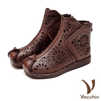 【Vecchio】縷空短靴真皮短靴/全真皮頭層牛皮縷空花朵圖樣復古縫線造型短靴 棕