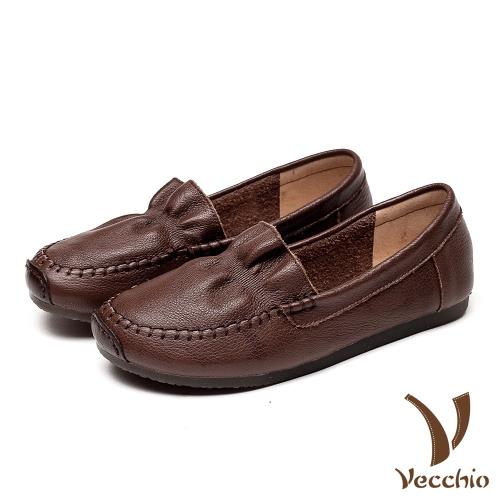 【Vecchio】真皮樂福鞋平底樂福鞋 /全真皮頭層牛皮撞色縫線花邊造型樂福鞋 棕