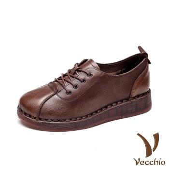 【Vecchio】真皮休閒鞋坡跟休閒鞋 /全真皮頭層牛皮復古拼接綁帶坡跟休閒鞋 棕