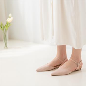 【WYPEX】尖頭針織低跟涼鞋女 氣質繞帶涼鞋粉色