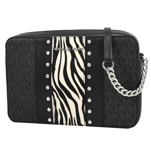MICHAEL KORS JET SET 鉚釘斑馬紋拼皮斜背方包.黑灰