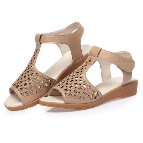 【Sp house】復古T字橢圓縷空真牛皮魔鬼氈魚口涼鞋(3色可選)