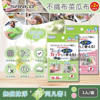 日本SANKO 衛浴廚房專用免洗劑可剪裁不織布海綿菜瓜布(10x50cm) 1入x2袋任選