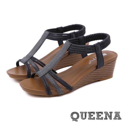 【QUEENA】T字涼鞋坡跟涼鞋 /優雅金蔥亮絲彈力鬆緊帶線條拼接T字坡跟涼鞋 黑