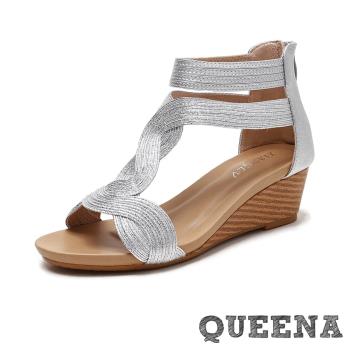 【QUEENA】T字涼鞋坡跟涼鞋/金屬線繩纏繞T字造型坡跟羅馬涼鞋 銀