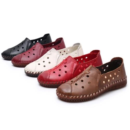 【JP Queen New York】夏季透氣全真牛皮鏤空編織平底休閒鞋(5色可選)