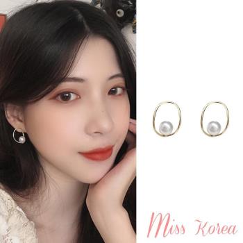 【MISS KOREA】韓國設計S925銀針橢圓金屬線條氣質珍珠耳環 (2色任選)